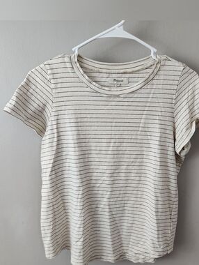 Madewell Striped Crew Neck Cotton Tee Cropped Boxy Casual Breezy Cream Brown